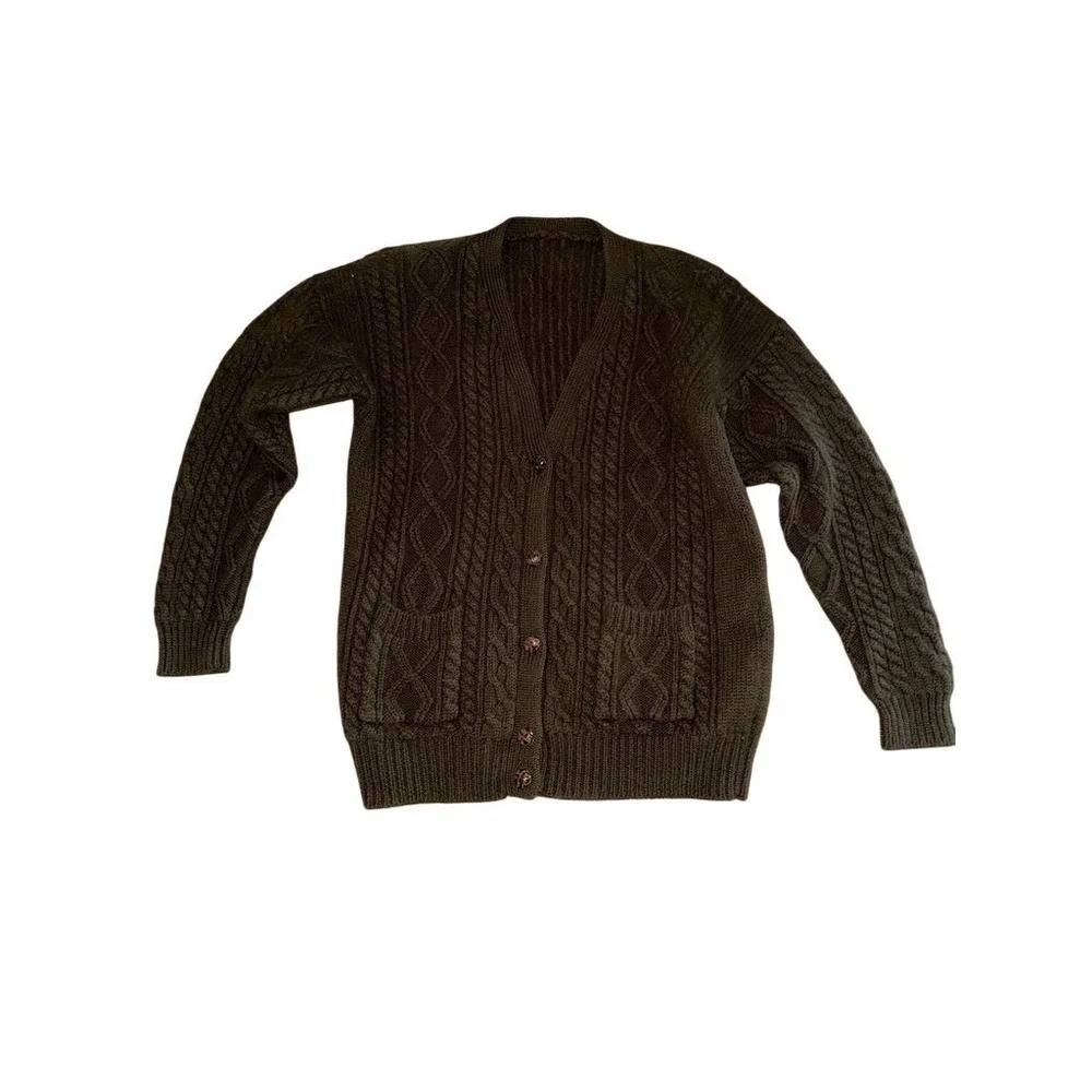 Aran Sweater Market Cardigan Sweater M Olive Green cabl wool grandpa Kurt Cobain